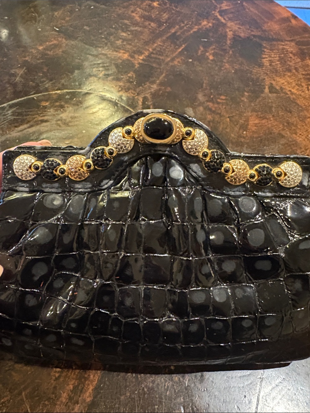 Black Croc-Embossed Patent Clutch with Gold & Black Jewel Trim